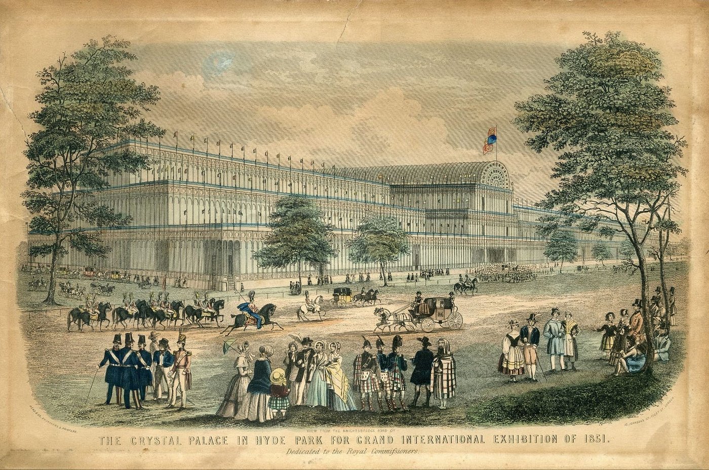 View from the Knightsbridge Road of The Crystal Palace in Hyde Park for the Grand International Exhibition of 1851. Dedicated to the Royal Commissioners. London: Read & Co. Engravers & Printers, 1851. Wikimedia.